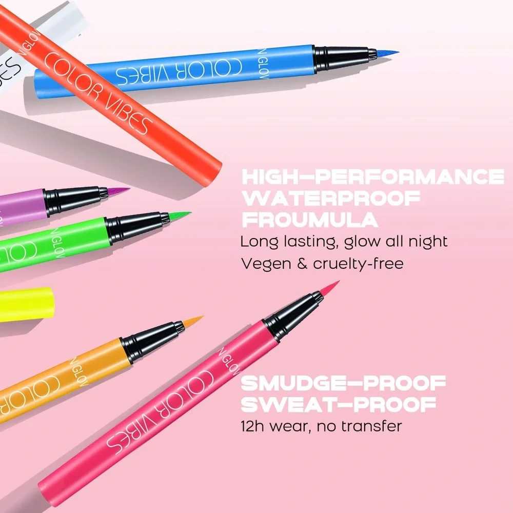 UV Neon Liquid Eyeliner, Glow Brightly, Waterproof Smudge-proof Fluorescent Body